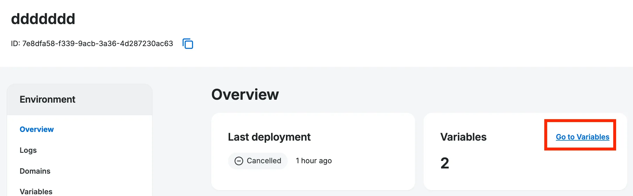 Screenshot of the top of the environment page in the WP Engine Portal with "Go To Variables" highlighted in the middle box.